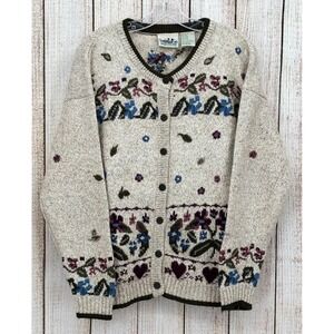 Vintage Northern Reflections Wool Cardigan Size Large Embroidered Floral Hearts